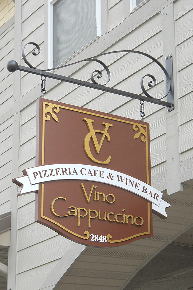vino cappuccino hanging business sign