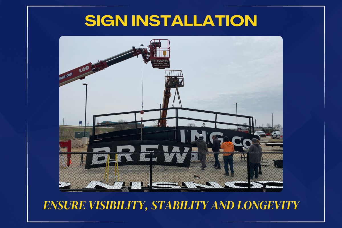 Innovative Signs installs a Wisconsin Brewing Company sign using their bucket truck.