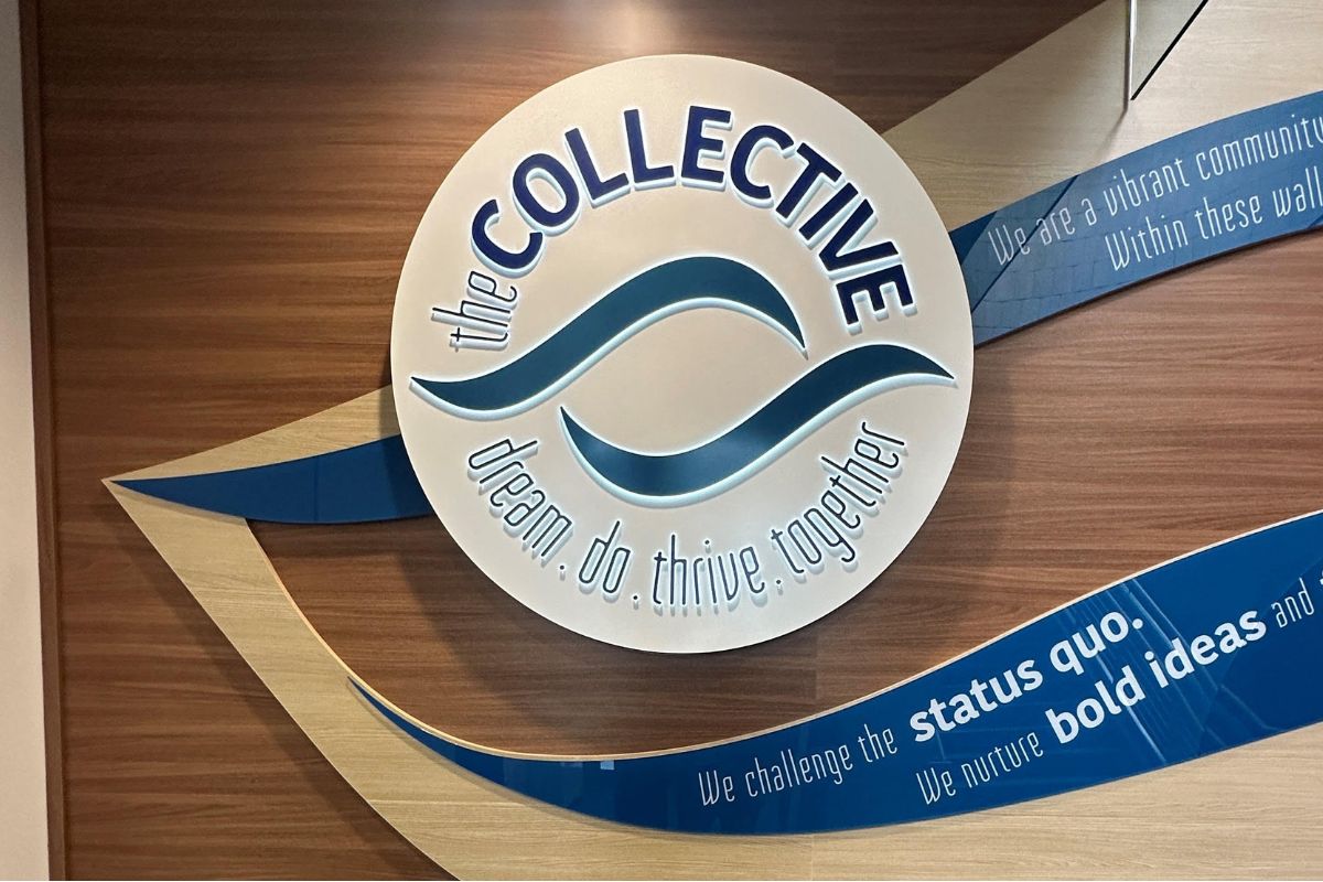 Reception wall signage for a community center.