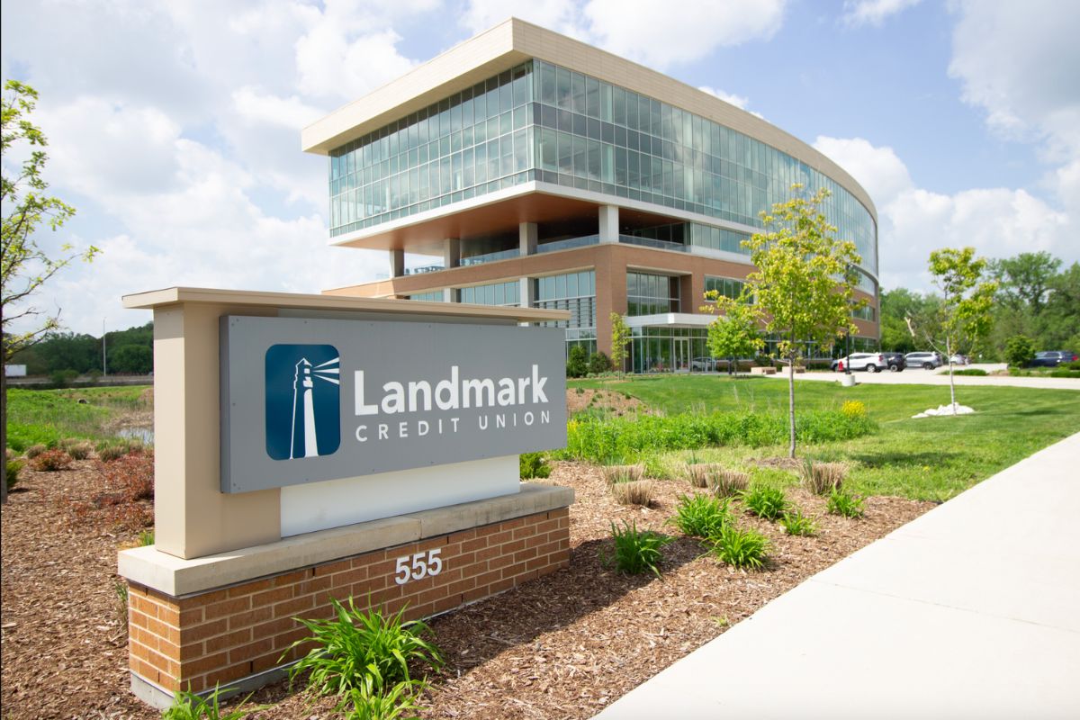 An image of a monument sign in front of the Landmark Credit Union headquarters.