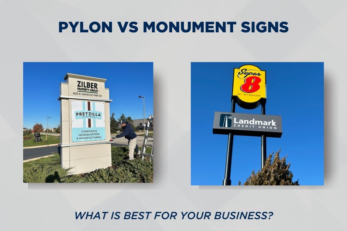 A monument sign for Pretzilla positioned next to a pylon sign for Super 8 and Landmark Credit Union.