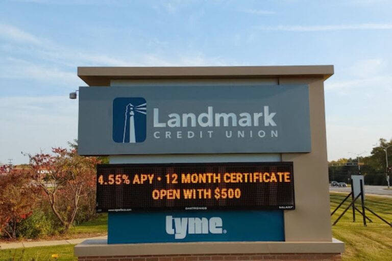 Image is of a monument sign for Landmark Credit Union that includes an Electronic Message Center (EMC) sign.