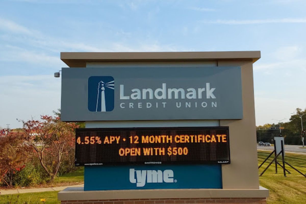 Image is of a monument sign for Landmark Credit Union that includes an Electronic Message Center (EMC) sign.