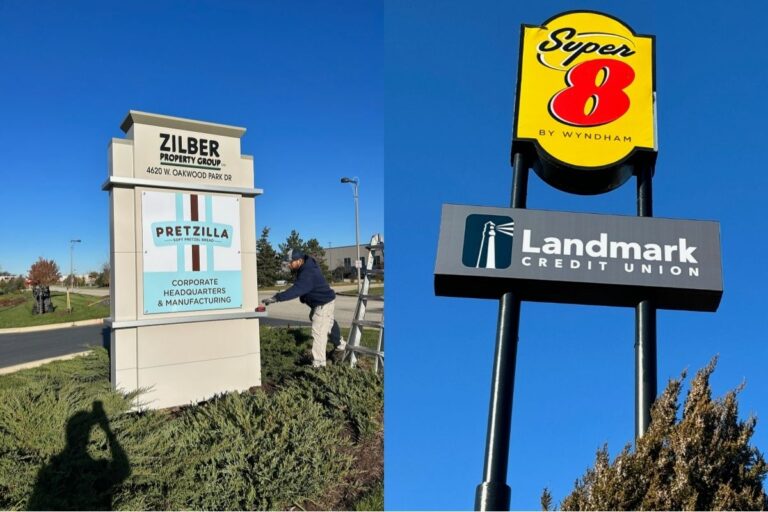 Side-by-side images of a monument vs. a pylon (pole) sign.